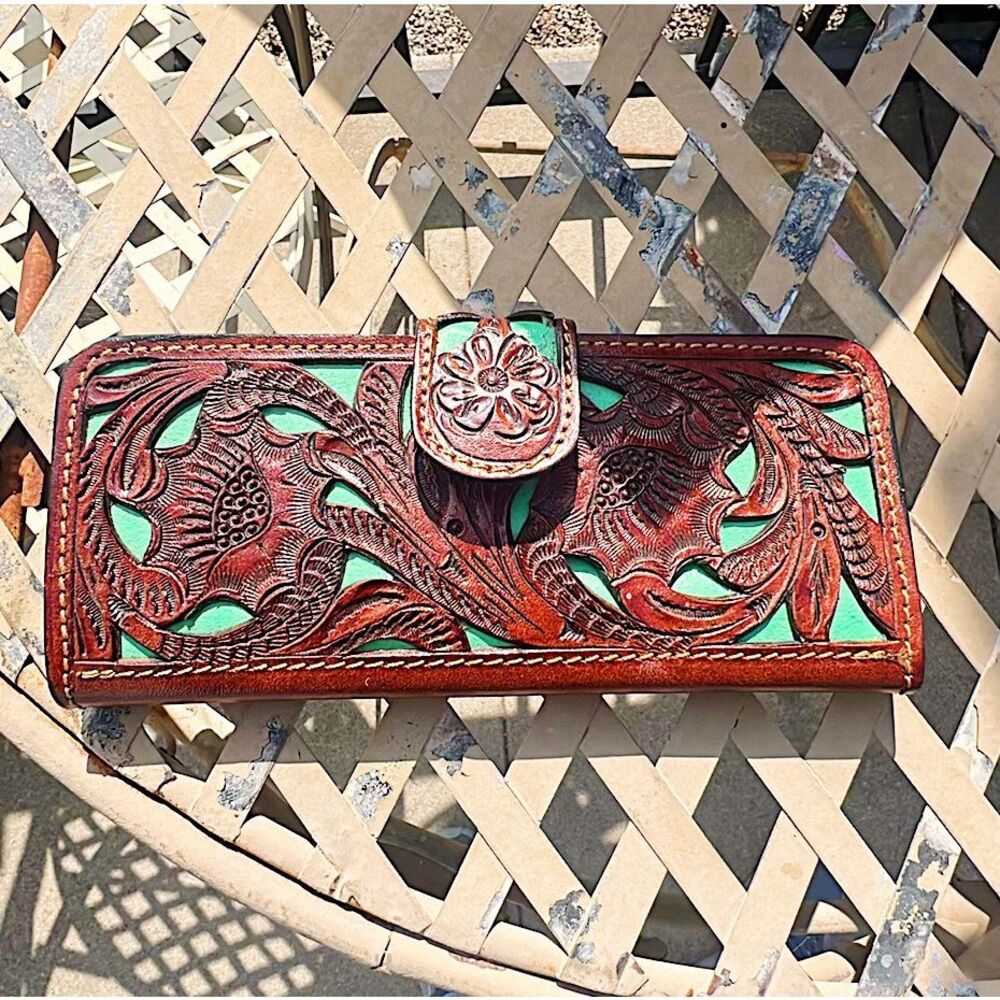 Hand Tooled Leather Western Wallet Brown/Teal Leather - Picture 2 of 4
